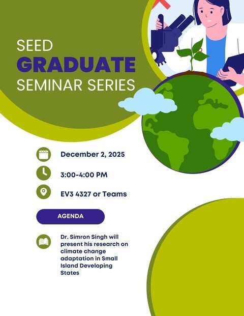 An event flyer for the SEED graduate seminar on December 2 from 3-4pm taking place in EV3 4327 or via Teams.
