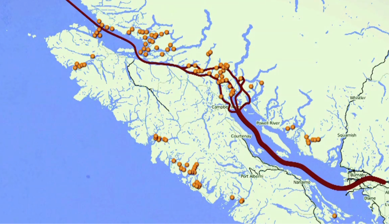 Map of fish farms along salmon migration route