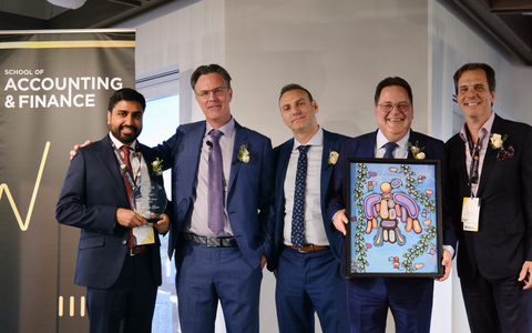 2026 Alumni Gala award recipients, Troy Maxwell and Adnan Khan, with award presenters Blake Phillips, Steve Balaban, and Nick Tomovski