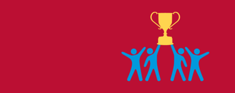Four graphics of people holding up a trophy