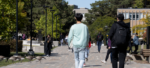 Students walking around campus