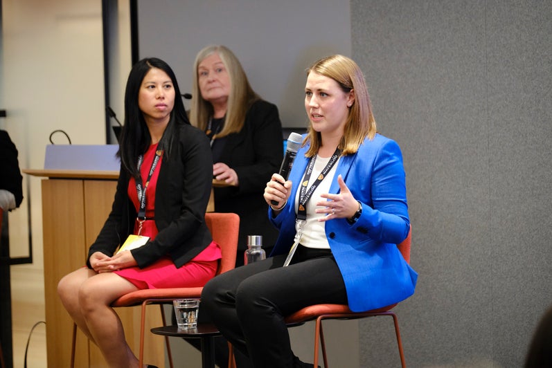Women accounting professionals engaging and connecting.