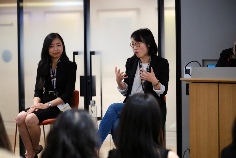 Women accounting professionals engaging and connecting.