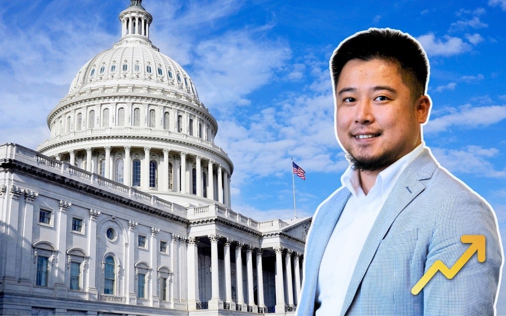 Kaishu Wu on a graphic background featuring a U.S. Parliament building