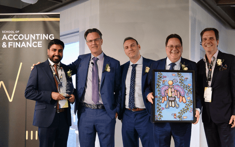 2026 Alumni Gala award recipients, Troy Maxwell and Adnan Khan, with award presenters Blake Phillips, Steve Balaban, and Nick Tomovski