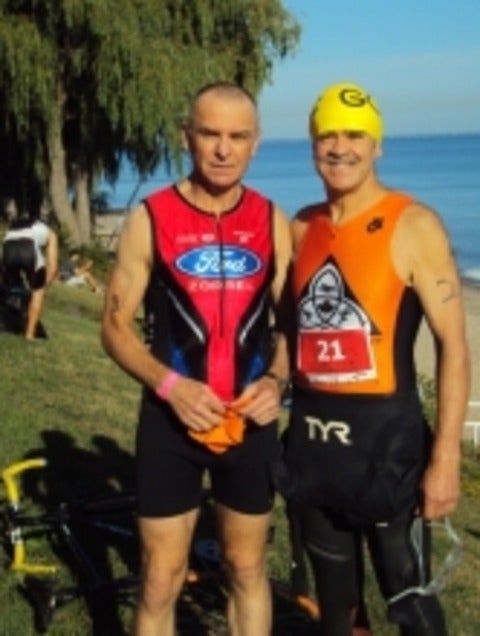Picture of Scott Slaven and Bernie Linseman as they prepare for a triathalon