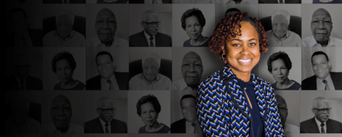 Researcher Tisha King with collage of pioneering Black accountants in the background