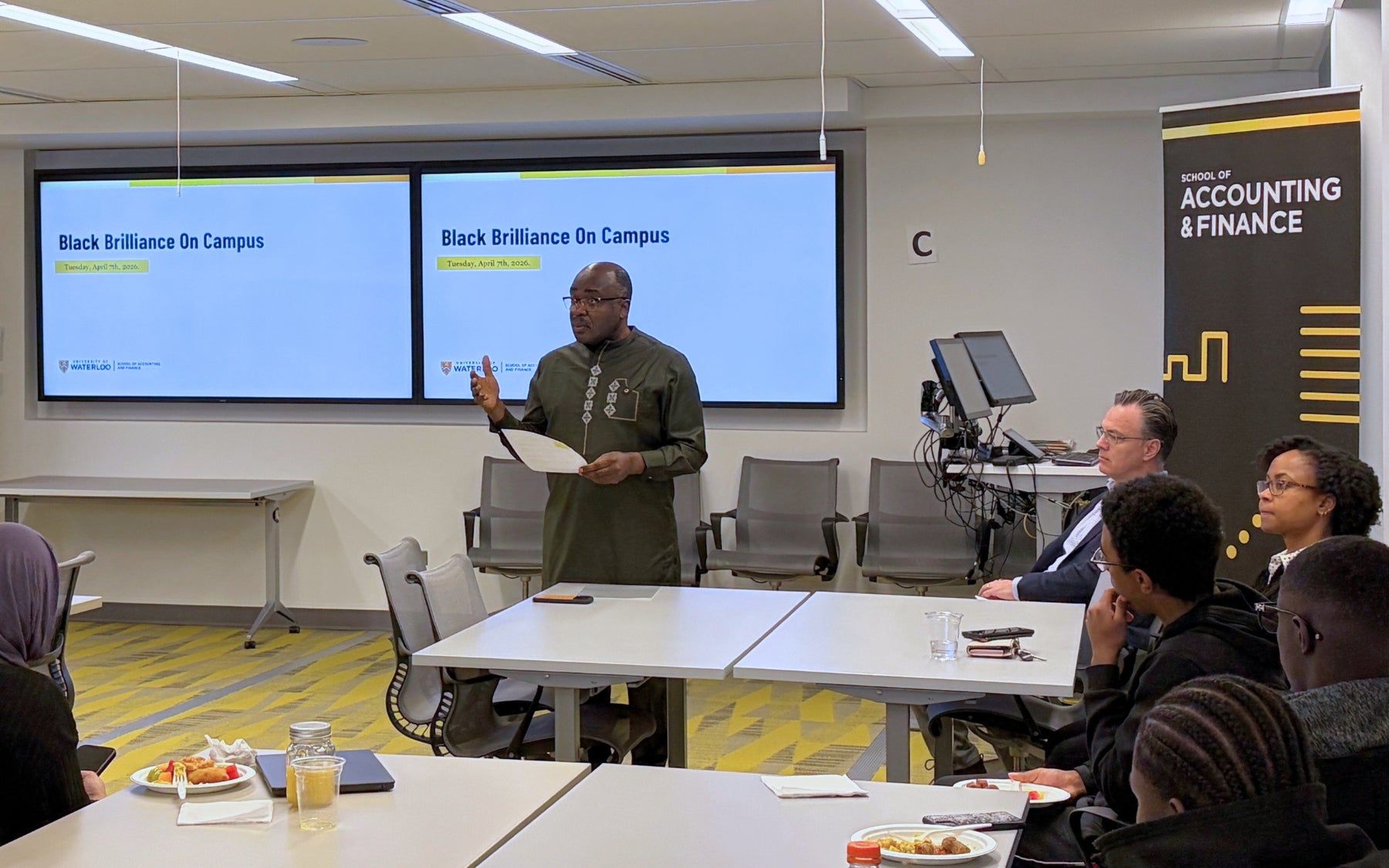 Alexie Tcheuyap, Dean of Arts addresses students at the Black Brilliance campus visit.
