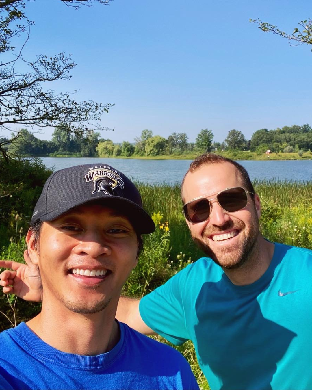 David Ha on a hike with a friend