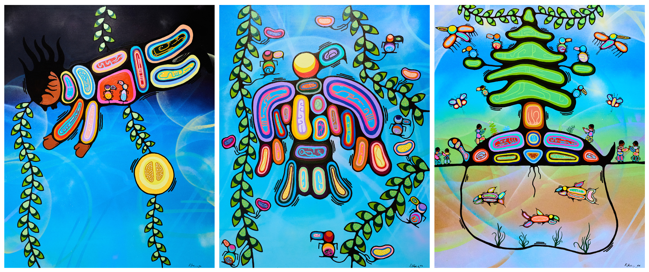 Three-panel mural in SAF's Hagey Hall by Indigenous artist Kyle Joedicke