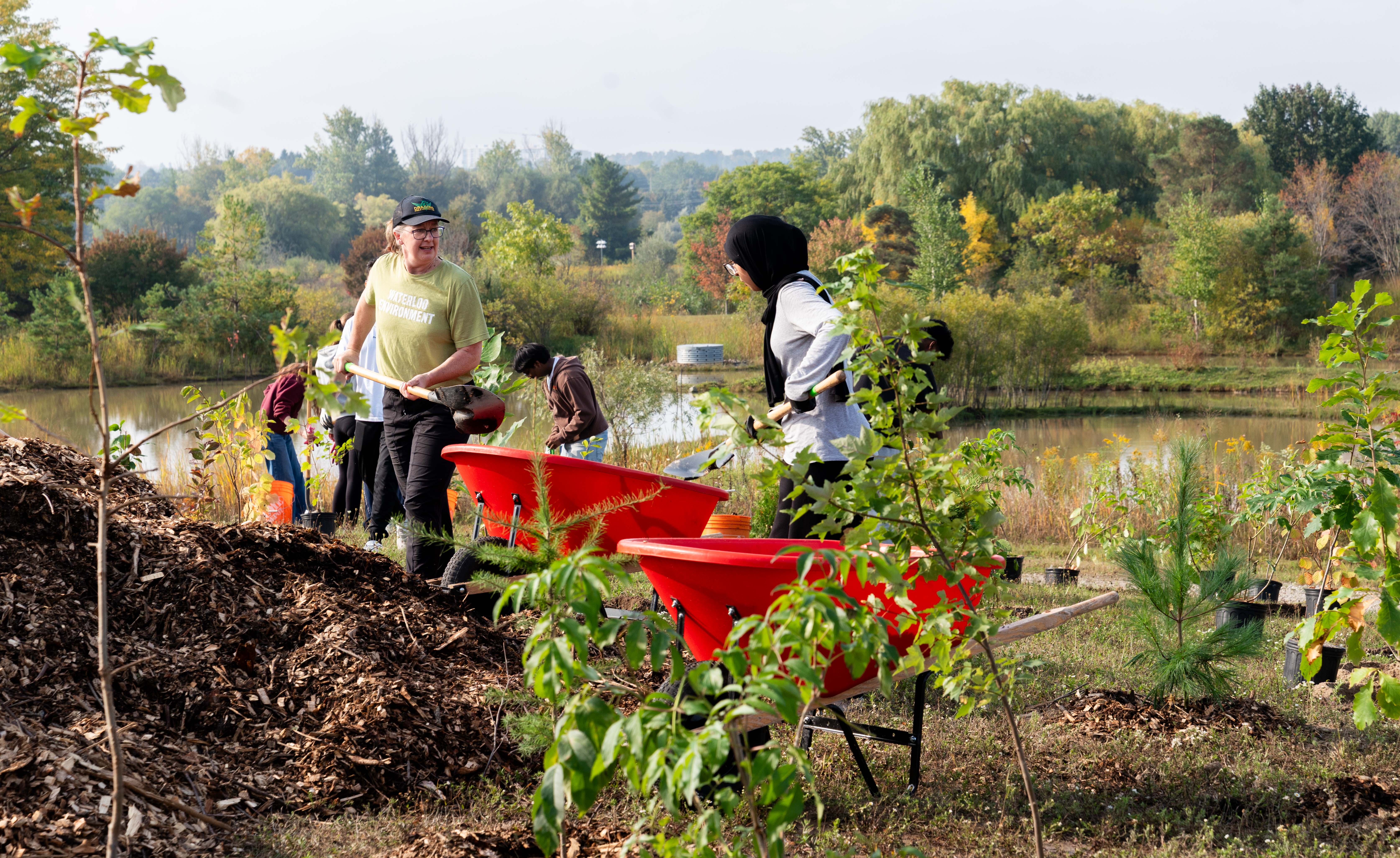 A student and faculty member work together to shovel mulch at the SFM tree planting event