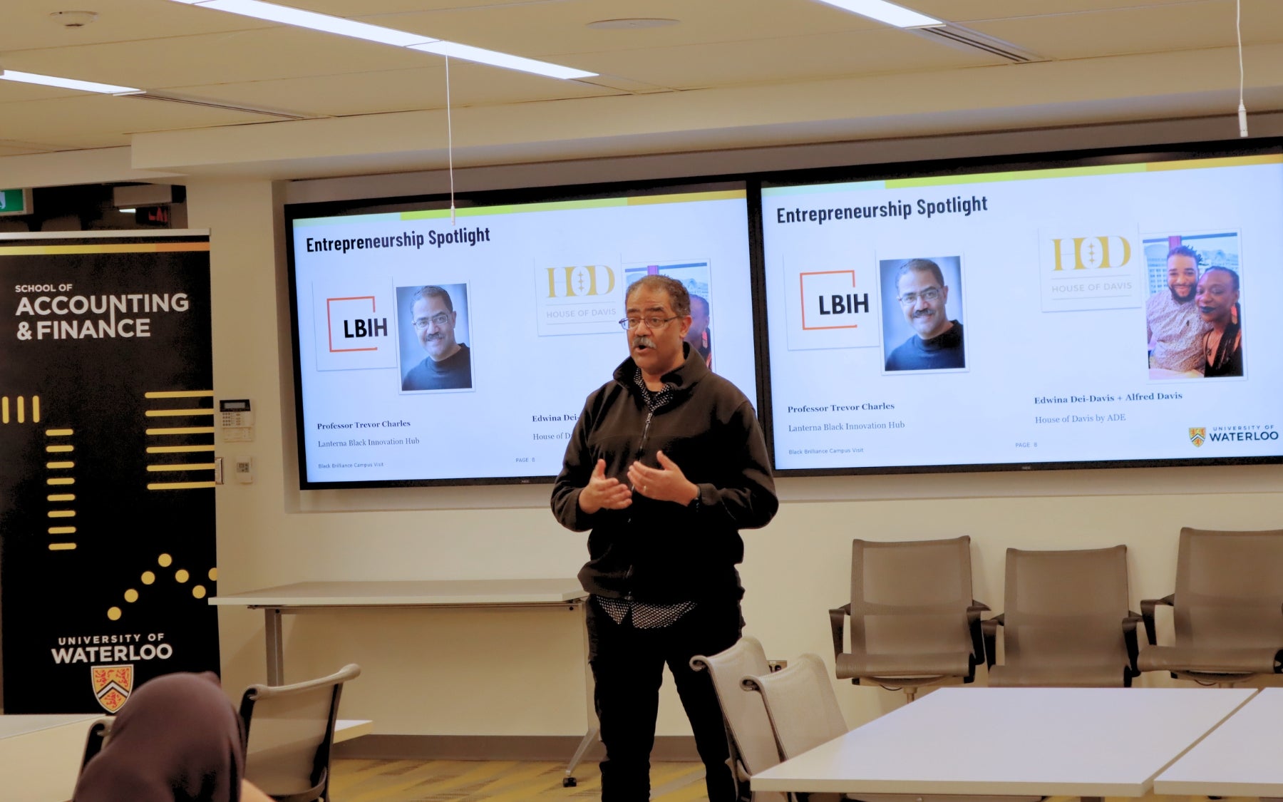 UWaterloo professor Trevor Charles presents to high school students at the Black Brilliance campus visit.