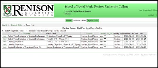 IPT online form list webpage for students