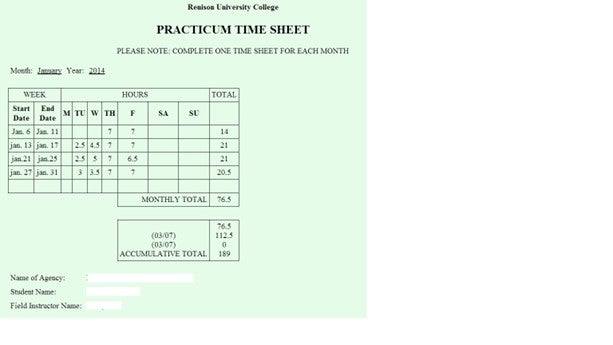 IPT Practicum Time Sheet form