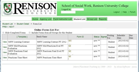 IPT student forms list web page