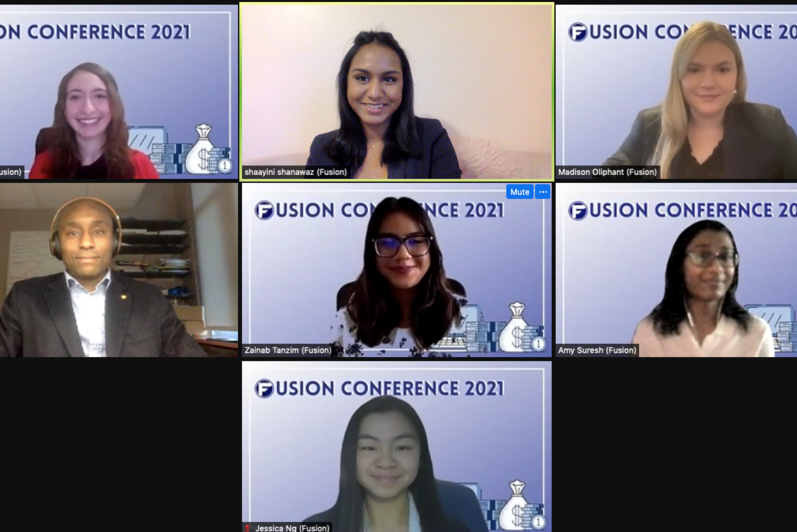 six students and a professor on a zoom call. the background is blue and has the words "Fusion conference 2021".