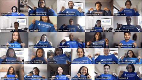 An online photo through video conferencing showing WatSolve members wearing their blue shirts