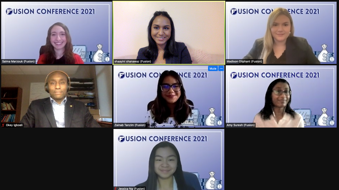 six students and a professor on a zoom call. the background is blue and has the words "Fusion conference 2021".
