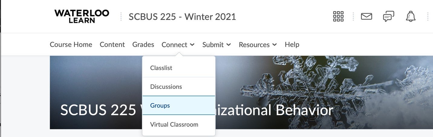 Screen capture showing Waterloo Learn website, with dropdown menu open and option "Groups" selected