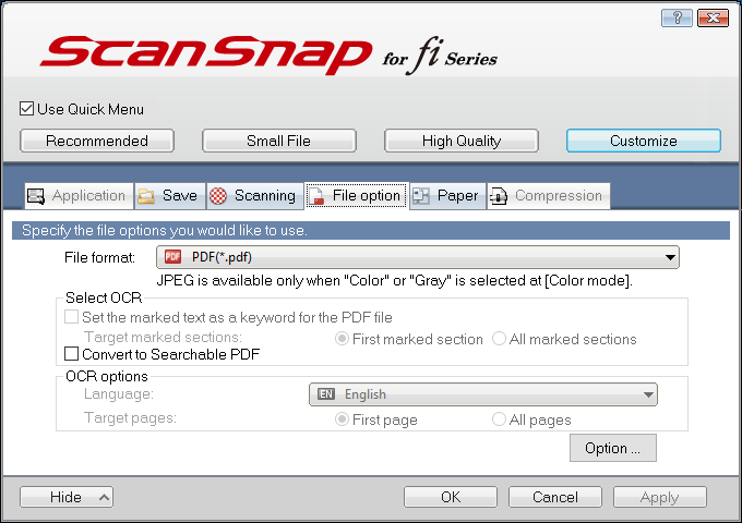 Screenshot showing that the file format is set to PDF and the Convert to Searchable PDF box is unchecked.