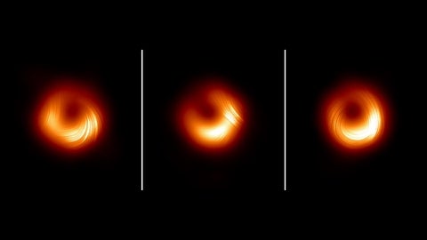 Three images of changing polarization patterns in the magnetic fields of the supermassive black hole M87*