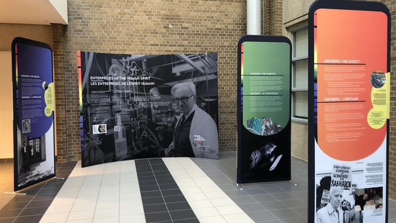 Information kiosks on the Herzberg exhibit in front of a brown brick wall.