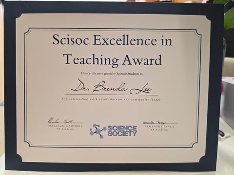 SciSoc Excellence in Teaching Award certificate 
