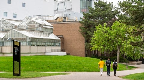 Three students walking along the path to the Biology buildings. The greenhouses appear on the left, and the QNC building is visible in the background.