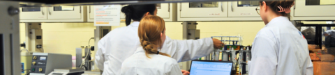 Three students working in lab