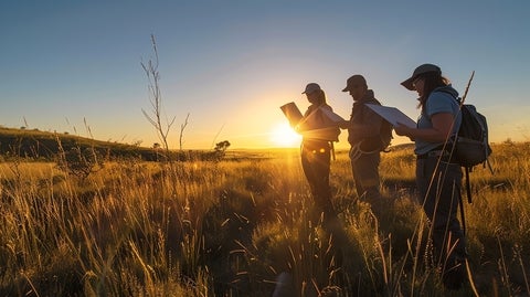 Three scientists conducting research at sunset.