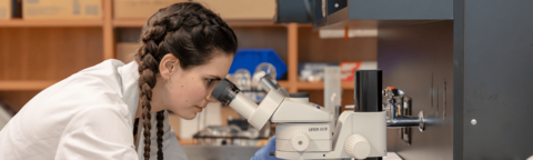 Science student looking into a microscope.