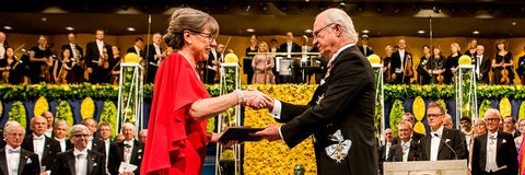 Donna Strickland accepting the Nobel Prize in Physics from the King of Sweden.