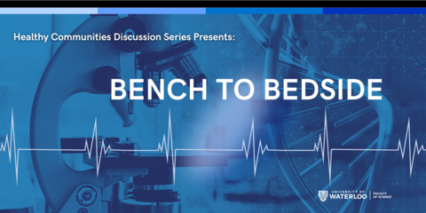 bluewash lab and dna strand with Bench to Bedside text and a line of ecg pulses