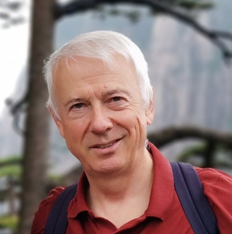 Professor Robert Mann is wearing a red collared shirt and smiling into the camera. 