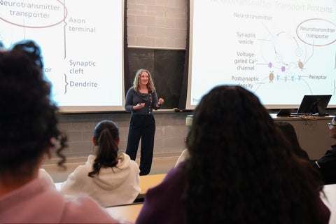 Dr. Annemarie Dedek delivering a lecture to students with two large powerpoint presentations behind her.