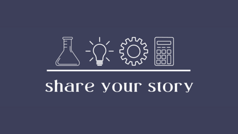A solid purple graphic with white icons: a beaker, a light bulb, a gear, and a calculator. It says "Share you story."