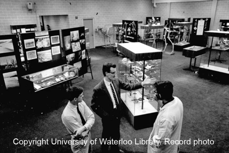 Black and white photo of the Biology Earth Sciences Museum displays