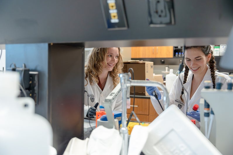 Annemarie Dedek and Anne Hambly completing work in the lab at the University of Waterloo School of Pharmacy. 