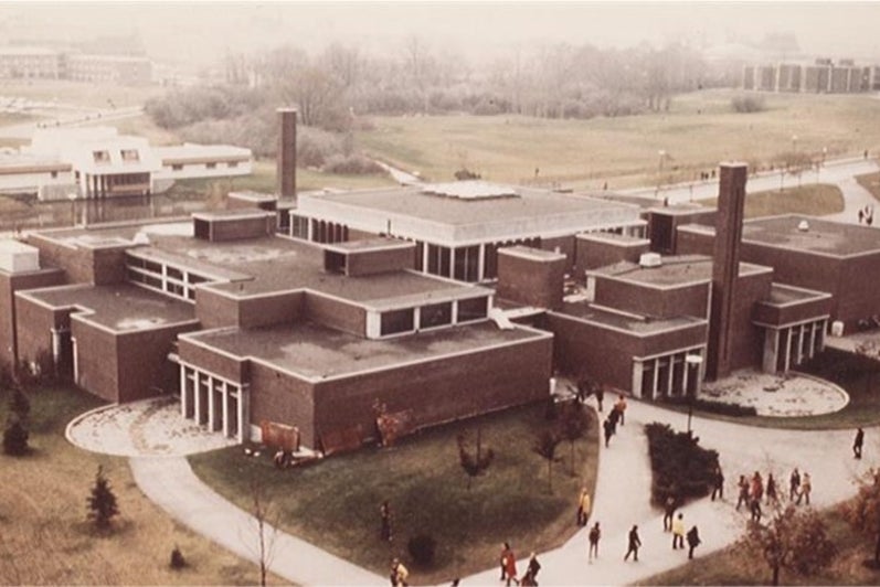 A sepia toned photo of the Student Life Centre in it's original size and footprint