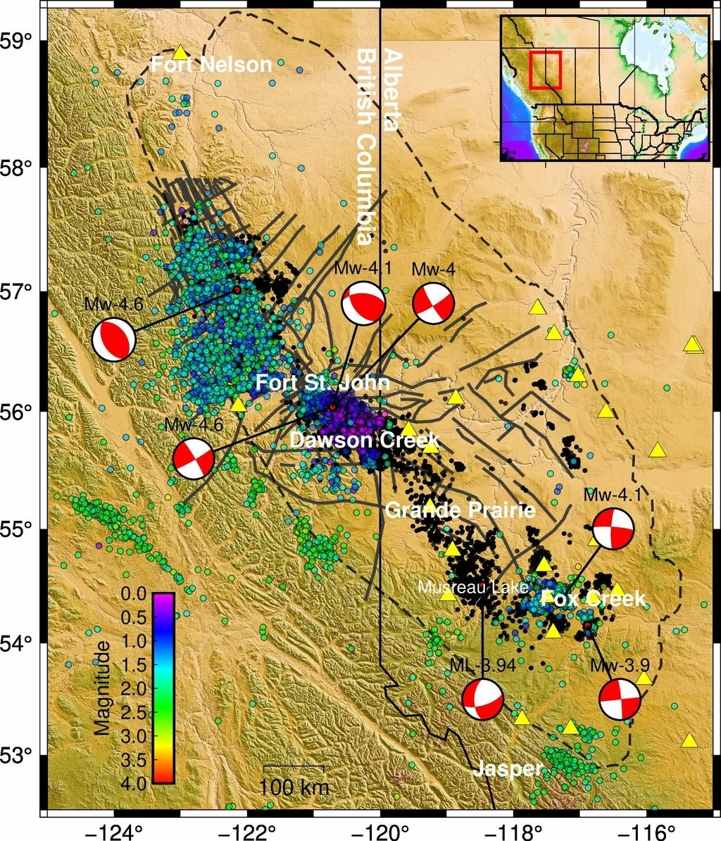 The map shows earthquakes related to hydraulic fracture. Major earthquakes are represented with red and white graphics.