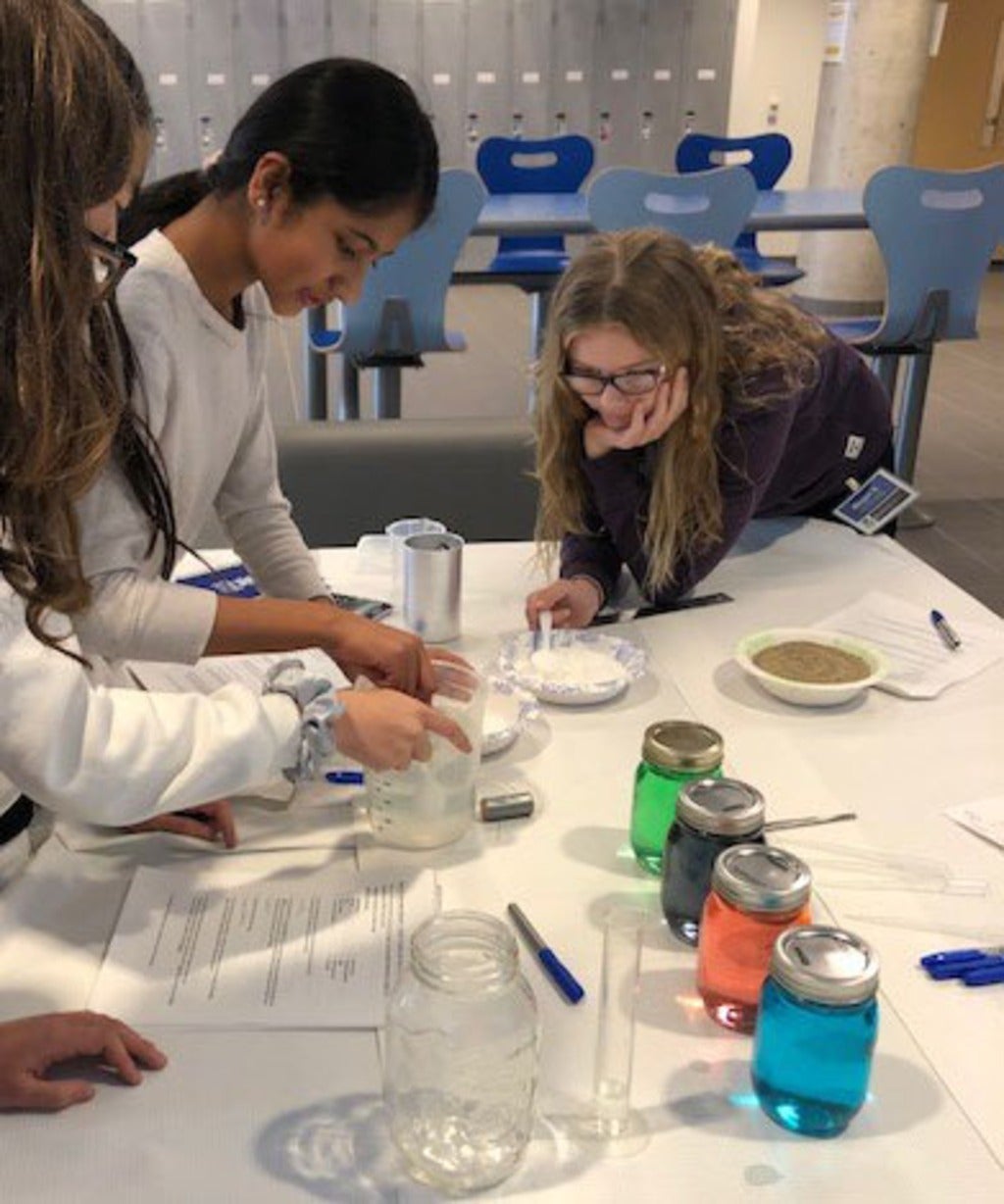 Girls investigating density of liquids