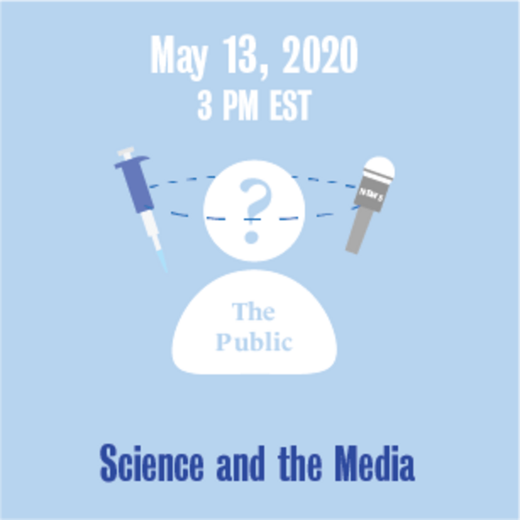 May 13, 2020 3 PM Science in the Media with a syringe and microphone icons
