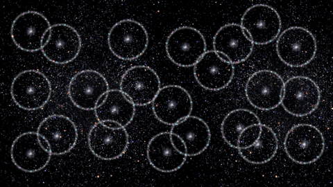 a view of space, with circles drawn for emphasis showing galaxies located on these circles