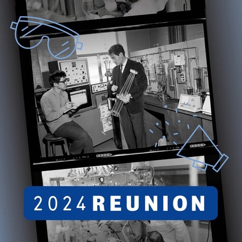 vintage photo of two male students in a lab with 2024 reunion banner
