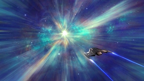 artists rendition of a black spacecraft surrounded by beams of light flying into a black hole