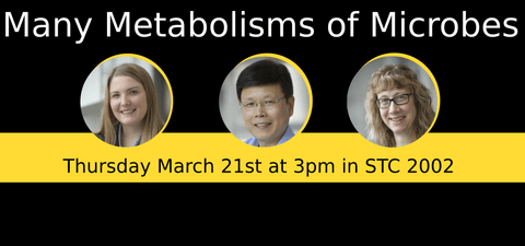 Many Metabolisms of Microbes Thursday March 21st at 3 pm in STC 2002 with headshots of the three speakers.