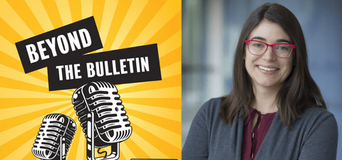 Left image: Beyond the Bulletin  2 vintage mics against yellow background with a headshot of Rebecca Rooney on right.