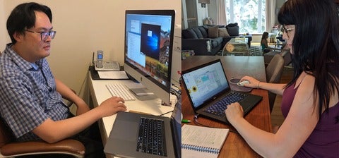 Two images. Left: Prof. William Wong looking at desktop computer. Right: Female student working on a laptop.