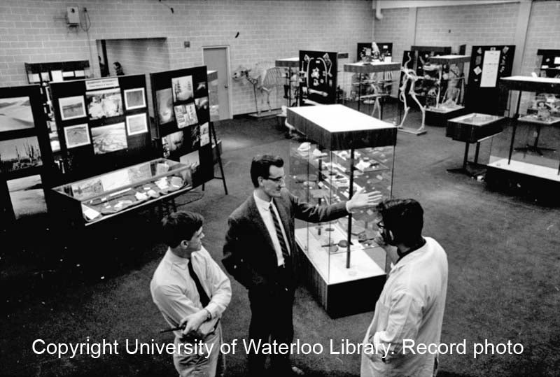 Black and white photo of the Biology Earth Sciences Museum displays