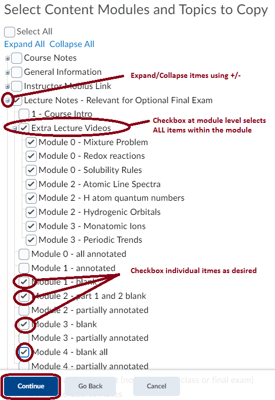 Select the specific items you want to copy over for each of the components